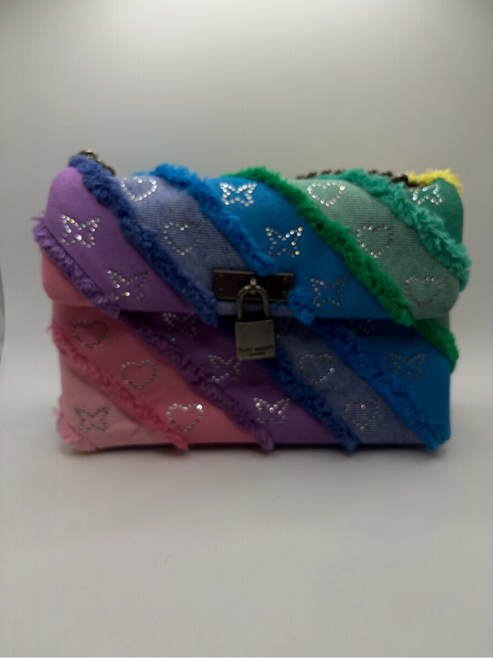 Kurt Geiger Patchwork Heart & Butterfly Shoulder Bag w/gun Metal Chain & Lock
